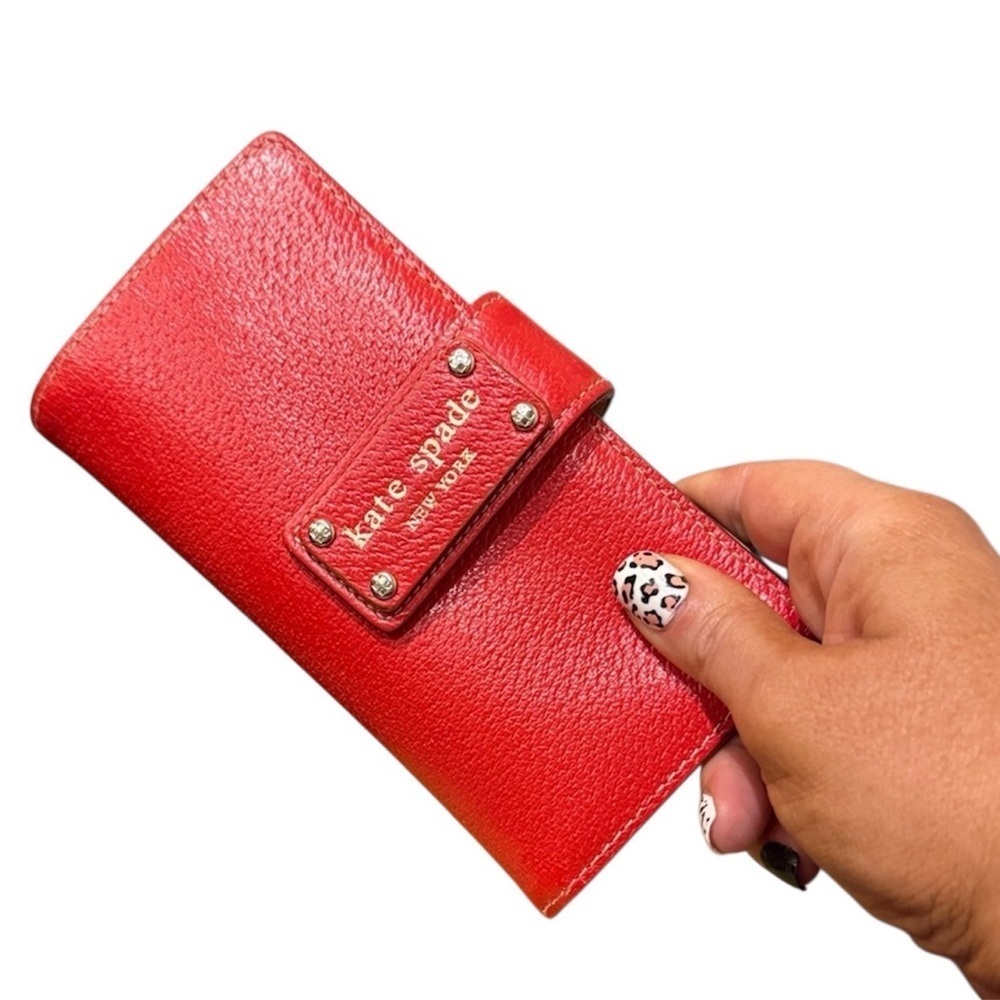 Kate Spade Vibrant Red Wallet card slots clutch button closure wristlet leather